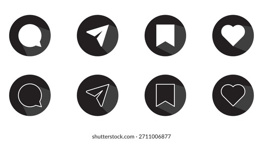 Wie, teilen, kommentieren und speichern Symbolsatz. Daumen hoch und Sternsymbol. Social-Media-Reaktion button.Like teilen Kommentar und speichern Taste Solid-line-Symbole. Symbolsatz für die Benutzeroberfläche eines sozialen Netzwerks
