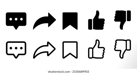 Guardar Me gusta, compartir, comentar, etc. Icono de redes sociales establecido en blanco (iconos de relleno negro sólido). Vector simple Iconos de redes sociales colección	