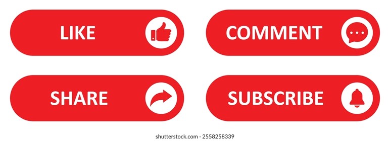 Like, Share, comment and subscribe icon buttons set with red color. Like, thumb up, subscribe, comment, repost and share icons buttons. Social media notification icons. Vector illustration.