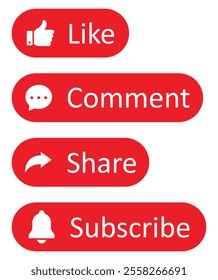 Like, Share, comment and subscribe icon buttons set with red color. Like, thumb up, subscribe, comment, repost and share icon buttons. Social media notification icons. Flat style. Vector illustration.