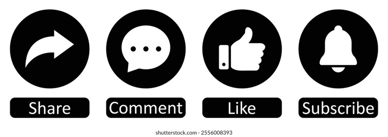 Like, Share, comment and subscribe icons buttons. Like, thumb up icon, subscribe, comment, repost and share icon button. Social media notification vector icon set. Vector illustration.