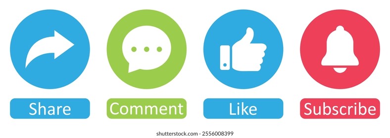 Like, Share, comment and subscribe icons buttons set with different color. Like icon, thumb up, subscribe, comment icon, repost and share icon button. Social media notification. Vector illustration.