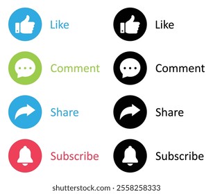 Like, Share, comment and subscribe icons buttons set with different colors. Like, thumb up, subscribe, comment, repost and share icon buttons. Social media icon set. Flat design. Vector illustration.