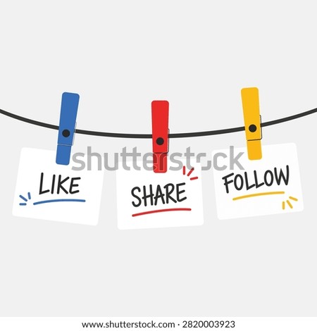 Like share and follow social media reminder cards hanging with colorful clothespins for digital marketing engagement online promotion and content creator campaigns isolated vector illustration.