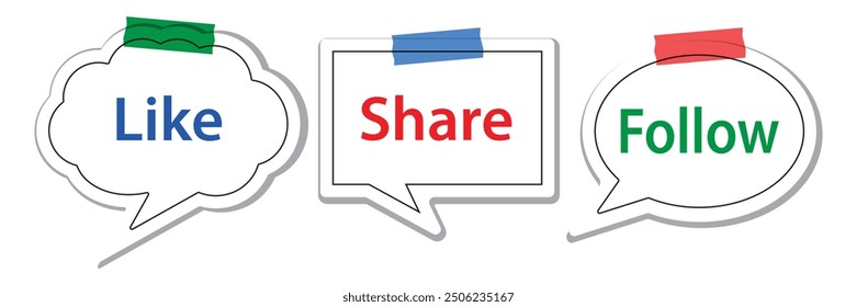 Like share follow speech bubble set. Paper cut out with shadow. Vector illustration