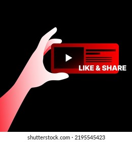 Like and Share Graphic Element. Hand Holding Red Video Frame. Vector illustration