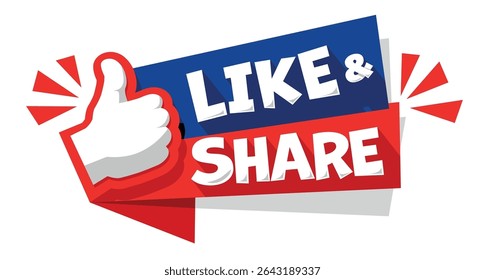 like and share icon for web channel or social media. Vector thumb up banner on transparent background