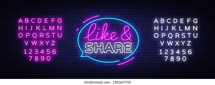 Like Share neon sign vector design template. Social networks neon text, light banner design element colorful modern design trend, night bright advertising, bright sign. Vector. Editing text neon sign