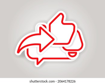 Like, share, notification and comment for social media video. Trigger to viewer. Marketing call to action. Sticker for blogger. Vector illustration.