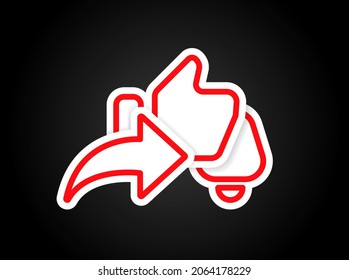Like, share, notification logo for vlog. Motivator to rise the analytics. Call to viewer action. Social media marketing icon. Thumbs up and bell. Sign set for vlog. Vector illustration