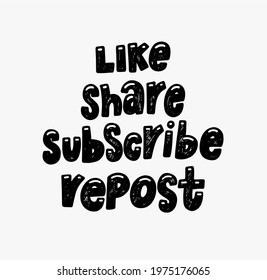 Like Share Repost Subscribe Follow doodle hand lettering stickers. quote subscribe to channel, blog. Social media background and blog posts. Marketing. Vector illustration.