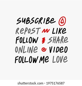 Like Share Repost Subscribe Follow doodle hand lettering stickers. quote subscribe to channel, blog. Social media background and blog posts. Marketing. Vector illustration.
