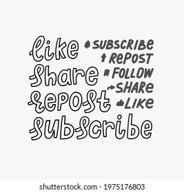 Like Share Repost Subscribe Follow doodle hand lettering stickers. quote subscribe to channel, blog. Social media background. Marketing. Vector illustration.