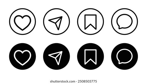 Ícone curtir, compartilhar, salvar e comentar em preenchimento e linha. Conjunto de elementos de mídia social. Símbolo de sinal de mídia social. Ilustração vetorial.