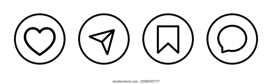 Ícone curtir, compartilhar, salvar e comentar na linha. Conjunto de elementos de mídia social. Símbolo de sinal de mídia social. Ilustração vetorial.