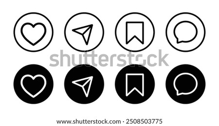 Like, share, save and comment icon in fill and line. Set of social media elements. Social media sign symbol. Vector illustration.