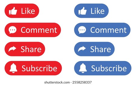 Like, Share, subscribe and comment icons buttons set with blue and red color. Like button, thumb up, comment, repost and share icon buttons. Social media icon set. Flat style. Vector illustration.