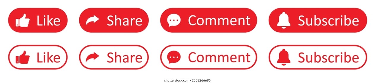 Like, Share, subscribe and comment icons buttons set with red color. Like, thumb up, comment, repost and share icon buttons. Social media vector icons flat and outline style. Vector illustration.