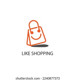 Like shopping concept logo. Illustration of shopping bag with emoji smile character. svg