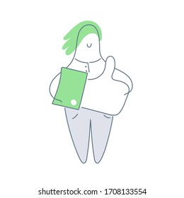 A like sign, appreciation and positive feedback in social media. Cartoon woman holding sign with thumbs up. Flat line icon vector illustration on white background.