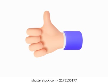 Like Sign. Like - Hand Gesture Thumb Up. 3d Cartoon Character Hand in a blue jacket with a white shirt. Icon for Apps, Web, T-shirts, Advertising, Posters etc. isolated on white. Vector illustration