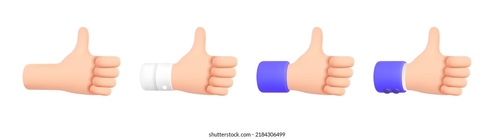 Like Sign. Like - Hand Gesture Thumb Up. Set of 3d Cartoon Character Hand with different sleeves. Icon for Apps, Web Design, T-shirts, Advertising, Posters isolated on white. 3D Vector illustration