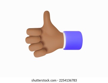 Like Sign. Like - Hand Gesture Thumb Up. African American Hand in a blue jacket with a white shirt. 3d Cartoon style Icon for Apps, Web, Advertising, Posters isolated on white. 3D Vector illustration