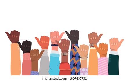 wie Schilder mit Händen von verschiedenen Arten von Skins Design, Vielfalt Menschen ethnische Rasse und Community Thema Vektorgrafik