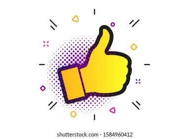 Like sign icon. Halftone dots pattern. Thumb up sign. Hand finger up symbol. Classic flat like icon. Vector