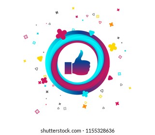 Like sign icon. Thumb up sign. Hand finger up symbol. Colorful button with icon. Geometric elements. Vector