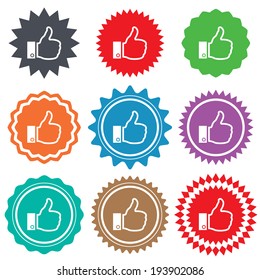 Like sign icon. Thumb up sign. Hand finger up symbol. Stars stickers. Certificate emblem labels. Vector
