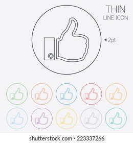 Like sign icon. Thumb up sign. Hand finger up symbol. Thin line circle web icons with outline. Vector