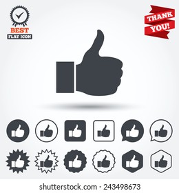 Like sign icon. Thumb up sign. Hand finger up symbol. Circle, star, speech bubble and square buttons. Award medal with check mark. Thank you ribbon. Vector