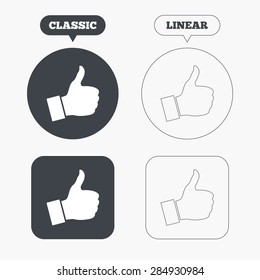 Like sign icon. Thumb up sign. Hand finger up symbol. Classic and line web buttons. Circles and squares. Vector