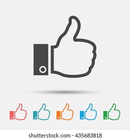 Like sign icon. Thumb up sign. Hand finger up symbol. Graphic element on white background. Colour clean flat like icons. Vector