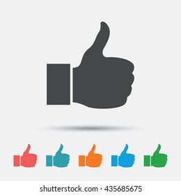Like sign icon. Thumb up sign. Hand finger up symbol. Graphic element on white background. Colour clean flat like icons. Vector