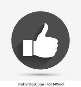 Like sign icon. Thumb up sign. Hand finger up symbol. Circle flat button with shadow. Vector