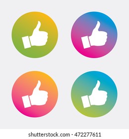 Like sign icon. Thumb up sign. Hand finger up symbol. Gradient flat buttons with icon. Modern design. Vector