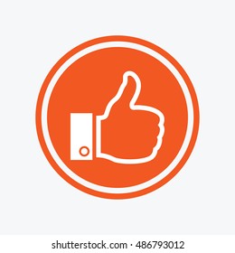 Like sign icon. Thumb up sign. Hand finger up symbol. Graphic design element. Flat like symbol on the round button. Vector