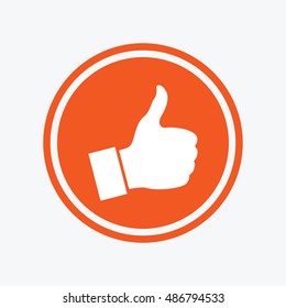 Like sign icon. Thumb up sign. Hand finger up symbol. Graphic design element. Flat like symbol on the round button. Vector