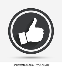 Like sign icon. Thumb up sign. Hand finger up symbol. Circle flat button with shadow and border. Vector