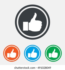 Like sign icon. Thumb up sign. Hand finger up symbol. Graphic design web element. Flat like symbol on the round button. Vector