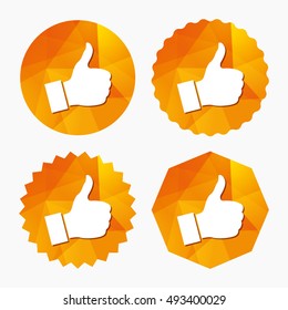 Like sign icon. Thumb up sign. Hand finger up symbol. Triangular low poly buttons with flat icon. Vector