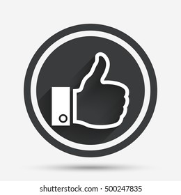Like sign icon. Thumb up sign. Hand finger up symbol. Circle flat button with shadow and border. Vector