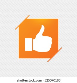 Like sign icon. Thumb up sign. Hand finger up symbol. Orange square label on pattern. Vector