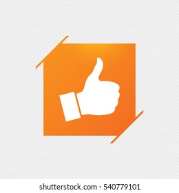 Like sign icon. Thumb up sign. Hand finger up symbol. Orange square label on pattern. Vector