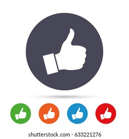 Like sign icon. Thumb up sign. Hand finger up symbol. Round colourful buttons with flat icons. Vector