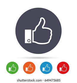 Like sign icon. Thumb up sign. Hand finger up symbol. Round colourful buttons with flat icons. Vector