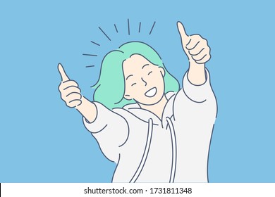 Like sign, joy, approval, happiness concept. Young happy smiling woman or girl teenager cartoon character showing thumbs up. Success and goal achievement facial expression flat vector illustration.