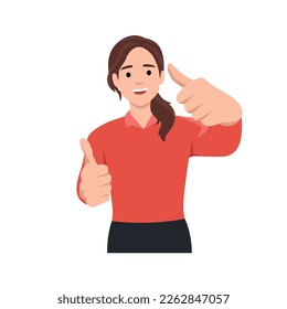 Like sign joy, approval happiness concept. Young happy smiling woman or girl teenager cartoon character showing thumbs up. Success and goal achievement facial expression. Flat vector illustration